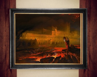 Puede incluir: Una pintura enmarcada que representa un paisaje de fuego con un gran edificio en el fondo. Una figura se encuentra en un saliente rocoso, sosteniendo un bastón. La pintura está ambientada en un cielo oscuro con un toque de naranja.