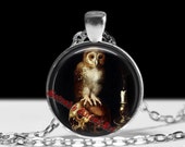 Memento mori necklace, owl and skull pendant, death illustration, gothic jewelry, dark accessories #317