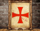 Knights Templar cross print, mystical walldecor, Occult art, Order of Solomon's Temple, the Knights Templar seal, red cross, antique  #521
