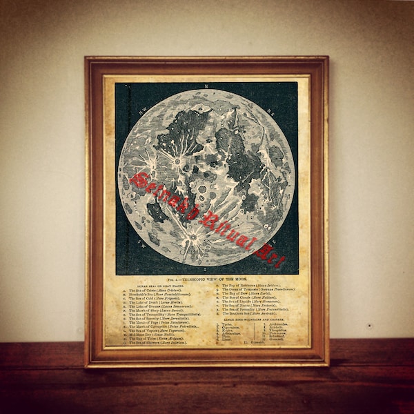 Moon Print, Telescopic View, Vintage Astronomy Decor #344