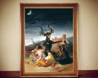 May include: A painting depicting a dark, stormy night scene with a group of people gathered around a horned, goat-like figure. The figure is wearing a crown of leaves and has a menacing expression. The painting is set against a backdrop of a dark sky with a crescent moon.