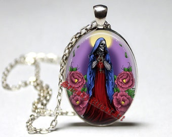 Santa Muerte pendant, day of the dead necklace, ritual altar jewelry, occult medallion, saint death, skull art, morte #435.2