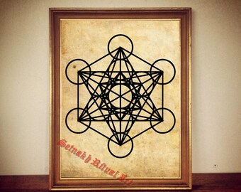 Metatron's Cube Print, Sacred Geometry Art, Vintage Style, Occult Home Decor #99