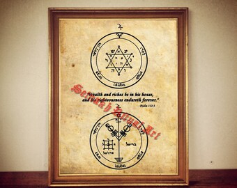 Wealth blessing, second and fourth Jupiter Pentacle print, Psalm quotes, The Greater Key of Solomon poster, occult print, occult decor #103