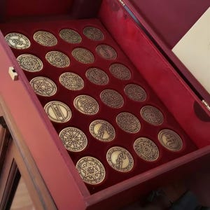 44 Solomon Seals Coins Set, Planetary Pentacles Collection, Mahogany Wooden Box