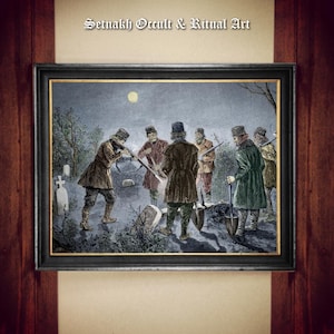 May include: A vintage illustration depicting a group of men in a graveyard at night. The men are dressed in dark clothing and are holding shovels and a rifle. The scene is illuminated by a full moon.