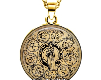 Alchemical Sophia Glass Cabochon Pendant, Planetary Astrology Necklace, Vintage Esoteric Parchment Talisman #561