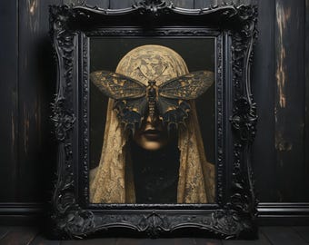 May include: A woman's face is partially obscured by a large, black and gold butterfly. The butterfly's wings are spread wide, and its body is positioned directly over the woman's eyes. The woman is wearing a white veil, and her face is painted with dark makeup. The background is a dark, textured surface. The image is titled 'See the Night' and is attributed to 'Art by Soror Vanartha'.