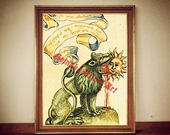 Lion Devouring Sun Print, Medieval Alchemical Occult Art #281