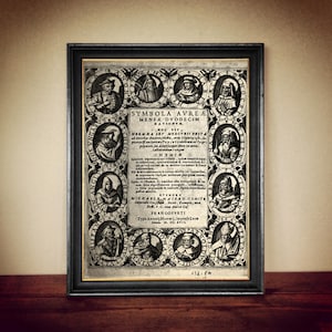 Title Page of &#39;Symbola Aureae Mensae&#39; by Michael Maier, 1617 - Alchemical Treatise, Rosicrucian Print, Occult gift for Alchemy Lovers  #A24