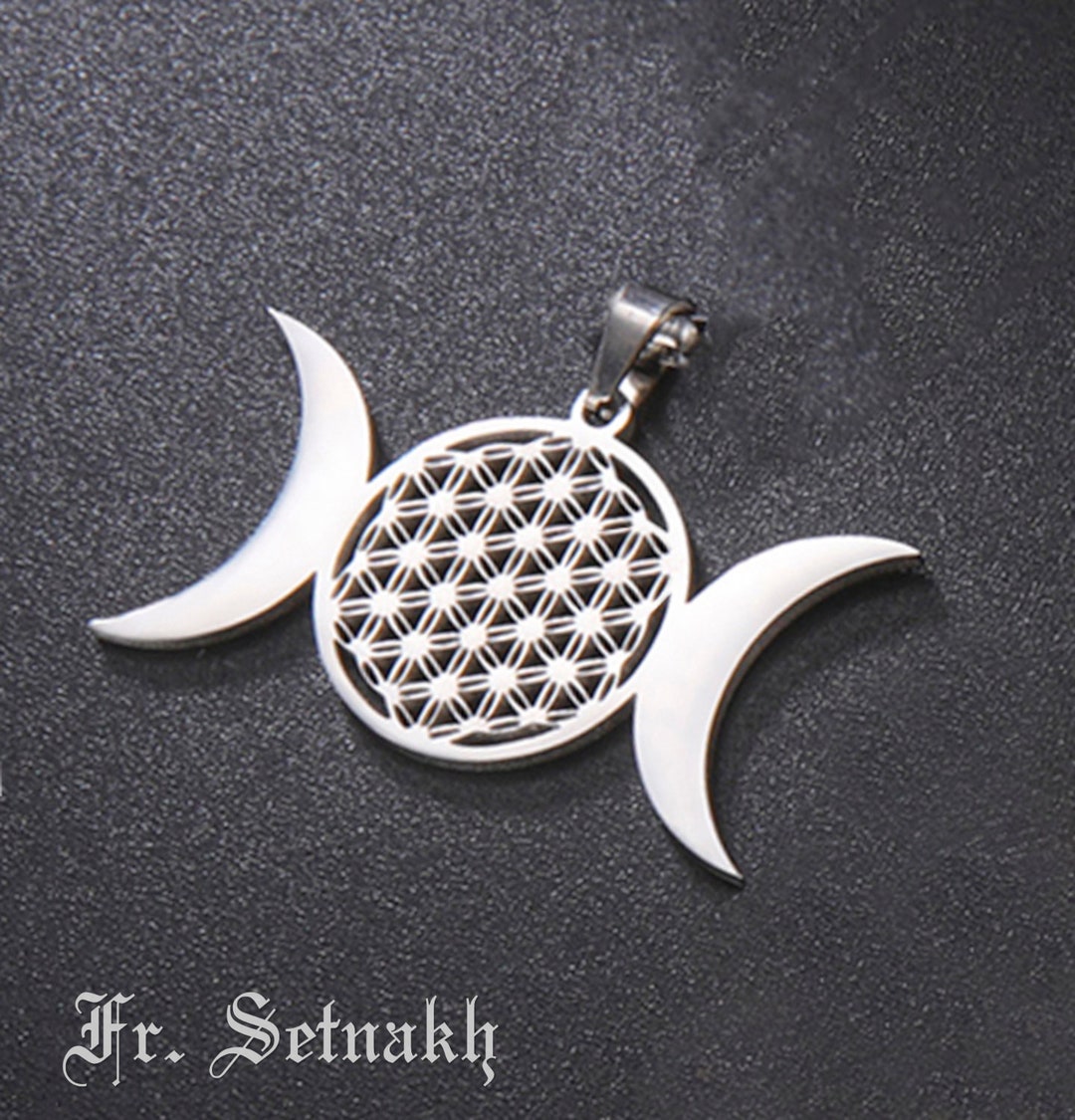 Triple Goddess Hecate & Flower of Life Stainless Steel Pendant, the