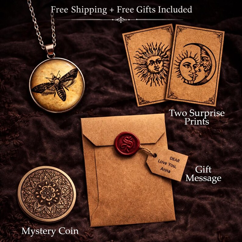 a necklace, a card with a sun and moon design, a mystery coin, and a gift message.