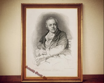 Puede incluir: Un retrato en blanco y negro de William Blake, un famoso poeta, pintor y grabador inglés. El retrato muestra a Blake sentado en una silla, sosteniendo una pluma en su mano. El retrato está enmarcado en un marco dorado.