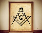 Masonic Square and Compass print, Masons Symbol, "G"  letter, antique print, Freemasons, Great Architect's tools illustration,  #72