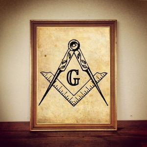 Masonic Square and Compass print, Masons Symbol, &quot;G&quot;  letter, antique print, Freemasons, Great Architect&#39;s tools illustration,  #72