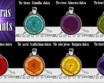 Seven Chakras Glass Cabochon Pendant, Sacred Geometry Energy Symbol Necklace, Yoga Meditation Talisman #218