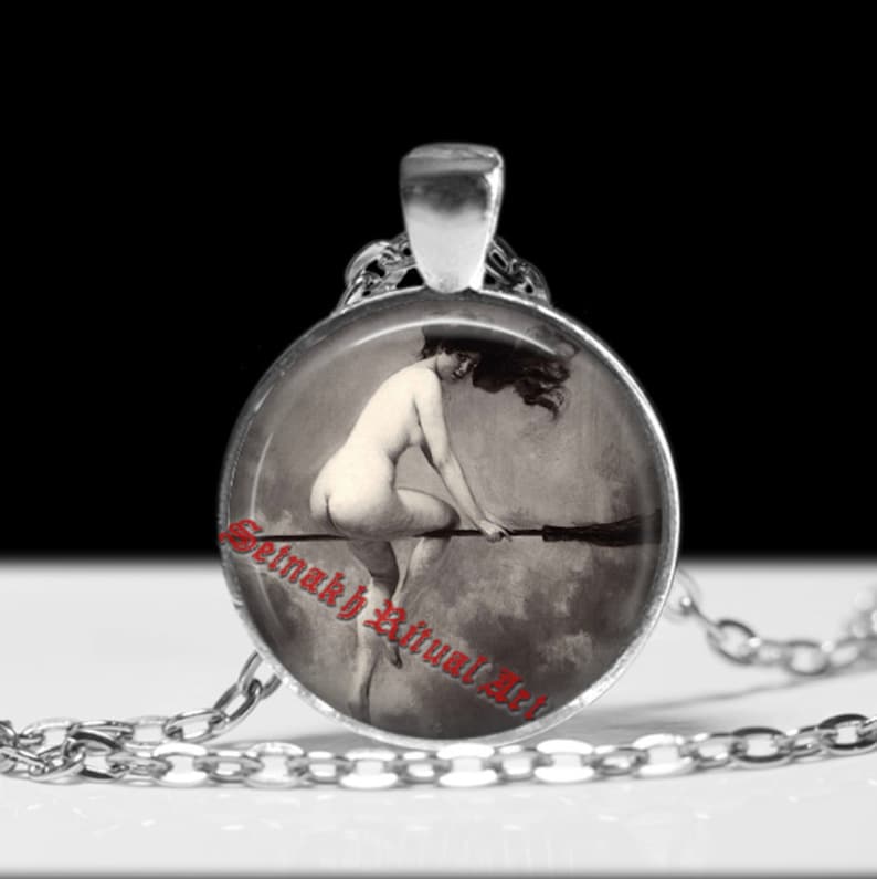 Witch on the broomstick necklace Witchcraft pendant #255 Gothic choker Magick jewelry