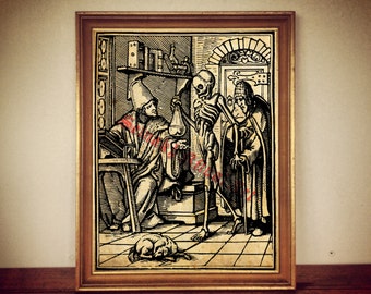 Occult art: "Death and Physician" print, skeleton illustration, magic poster, medieval print, memento mori, alchemy, memento mori #251