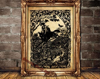 Witch Riding Wolf Print, Vintage Occult Art, Gothic Home Decor #W10