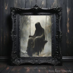 Contemplation - Ghost on Swing Print – Haunting Art for Gothic Decor, Dark Aesthetic, and Fantasy Lovers Seeking Atmospheric Wall Art #SV27