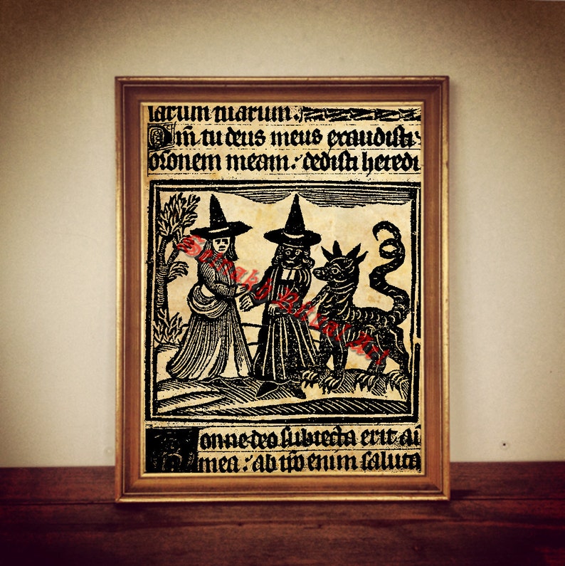 White and Black Magick print, two witches illustration, medieval poster, occult wall decor, rustic home, demons, beast, witchcraft 328 image 1