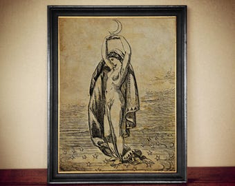 Moon Witch Art Print, Vintage Gothic Home Decor #W116