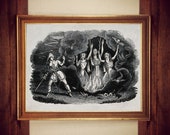 Macbeth meets the three witches; scene from Shakespeare's 'Macbeth'. 19th century, witchcraft, dark print, occult poster, gothic gift #W33