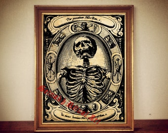 Memento Mori Print, Vintage Occult Skeleton, Macabre Horror Decor #173