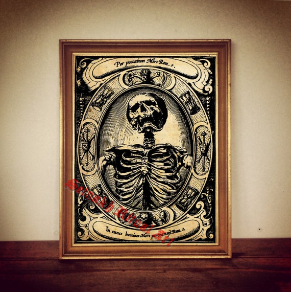 Memento Mori Print, Vintage Occult Skeleton, Macabre Horror Decor #173