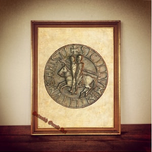 Ancient seal of the Knights Templar coin, Templars emblem, two knights on one horse print, medieval poster  #TMP3