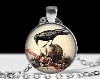 Human skull pendant, raven jewelry, occult jewellery, vintage animal necklace, anatomical choker #274