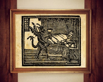 Devil Bringing Medicine Woodcut Print, Witchcraft Art, Gothic Home Decor #W45