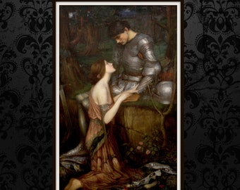 Op de afbeelding: Een schilderij van een ridder in harnas die knielt voor een vrouw in een vloeiende jurk. De ridder houdt een zwaard vast en de vrouw houdt een bloem vast. Het schilderij is in een bos gesitueerd en heeft een romantische sfeer.