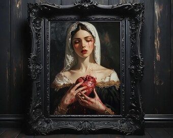 Gothic Bleeding Heart Portrait Art Print, Dark Macabre Decor #SV3