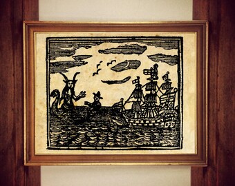Sea Devil Woodcut Print, Witchcraft Black Magic, Gothic Occult Art #W38