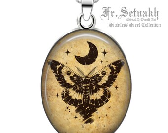 Moth and Moon Talisman Pendant Necklace – Stainless Steel Wicca Jewelry #WS6