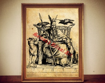 Odin print, Odin poster, nordic god illustration, viking print, viking poster, occult print,  viking home decor, pagan, norse mythology #238