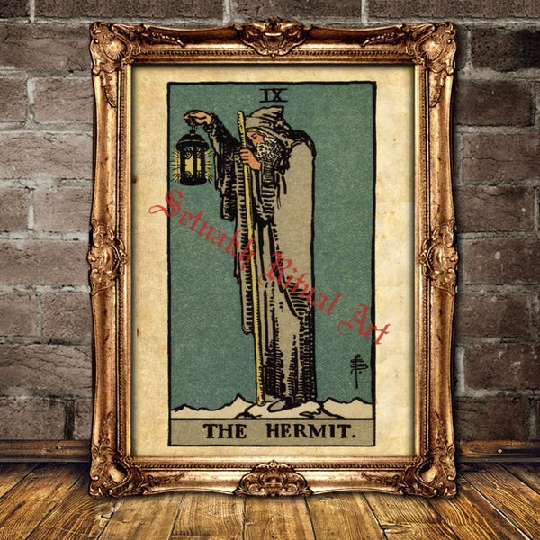 The Hermit Tarot Card Print, Rider-Waite Deck, Vintage Occult Art #396.9