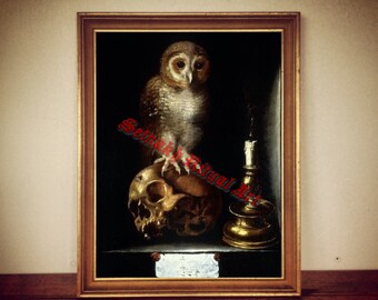 Memento Mori Art Print, Owl and Skull, Antique Gothic Home Decor #317