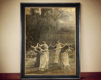Wicca Kunst - Der Kreis der tanzenden Hexen Druck, Vintage Fotografie, Dark, Okkulte Poster, Gothic Wohnkultur, Hexerei, Hexen Wand #W91