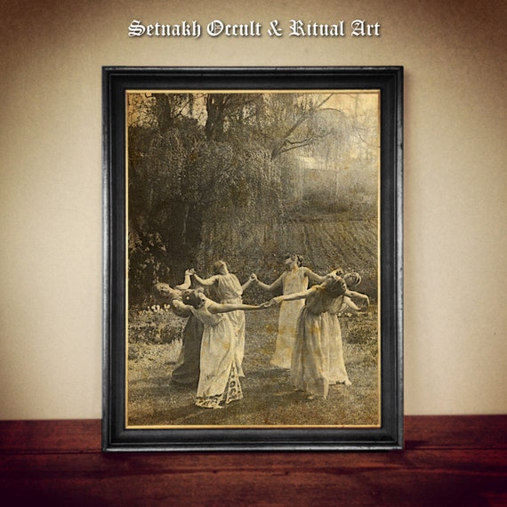 Vintage Witchcraft Print – Dancing Witches Circle, Gothic Occult Art #W91
