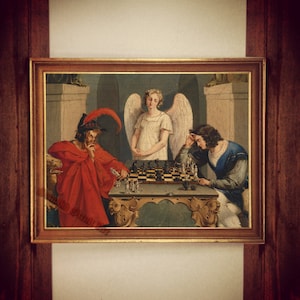 Faust und Mefistofeles spielen Schach, Druck, Teufel Poster, Metaphysisches Poster, okkultes Poster, satanisches Poster #MG2