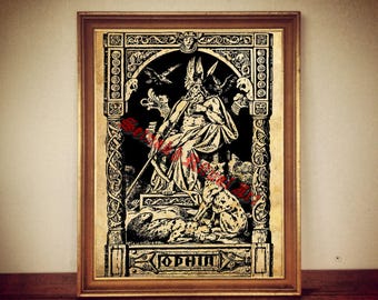 Viking Art - Odin with his wolves Geri and Freki, Antiqued print, Norse Wall Art print, Scandinavian Home Decor, Nordic Mythology #243