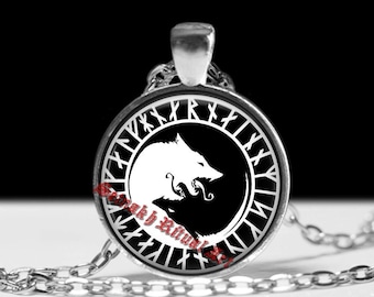 Fenrir Wolf Pendant, Viking Runes Amulet, Norse Pagan Necklace #441