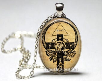 Rosicrucian Ouroboros Pendant, Rose Cross Talisman, Occult Esoteric Jewelry #A17
