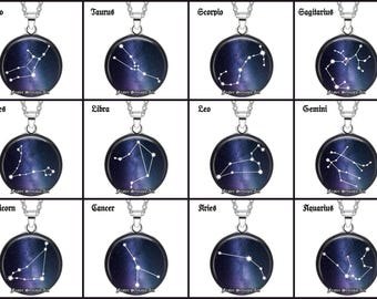 Zodiac Constellation Pendant, Astrological Star Map Glass Cabochon Necklace, Celestial Zodiac Sign Jewelry #561