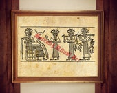 Ea (seated) and attendant deities, Sumerian cylinder seal print, sumerian god poster, babylonian gods art, ancient aliens, Annunaki  #518.5