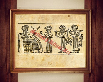 Sumerian Cylinder Seal Print, Ea and Attendant Deities, Ancient Mythology #518.5