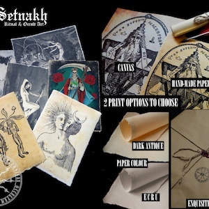 Può includere: Una collezione di stampe in stile vintage con immagini occulte e rituali. Le stampe sono disponibili su tela o su carta fatta a mano. La carta è disponibile in colore antico scuro o color ecrù. Le stampe sono confezionate in una busta regalo squisita.