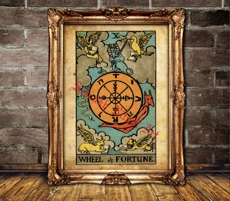 The Wheel of Fortune Tarot print, Good luck, karma, life cycles, destiny, a turning point, Tarot card poster, occult art 396.10 image 1